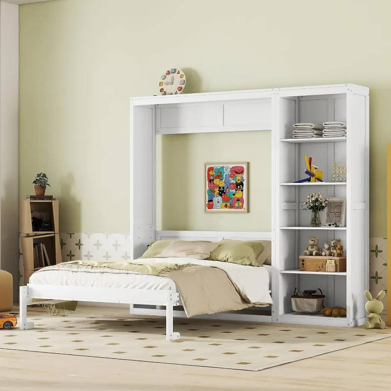 Queen Size Murphy Bed Wall Bed with Storage Shelves, Drawers and LED Lights, Space-Saving for Multipurpose Guest Room