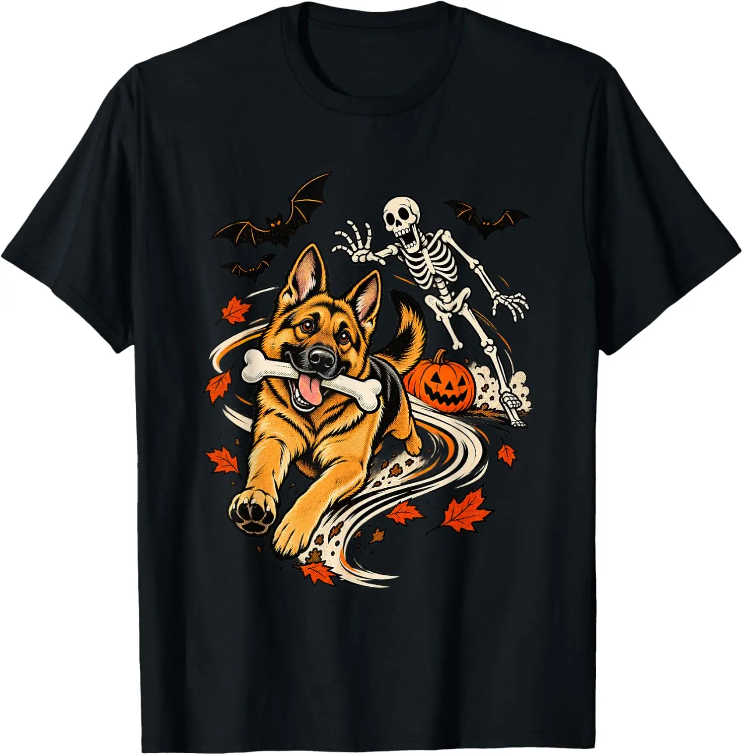 German Shepherd Stealing Bone Skeleton Halloween T-Shirt Vintage Style Graphic T‑Shirt, Retro Tee, 100% Cotton Soft Lightweight Crew Neck Unisex Casual Short Sleeve Tops For Men Women Daily Wear