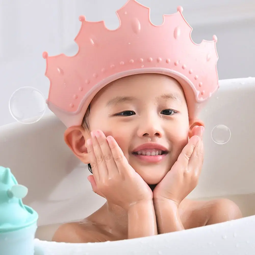 Soft Adjustable Plastic Children Shower Cap Solid Color Baby Shampoo Cap Crown Shape Wash Hair Shield Hat Shower Head Cover