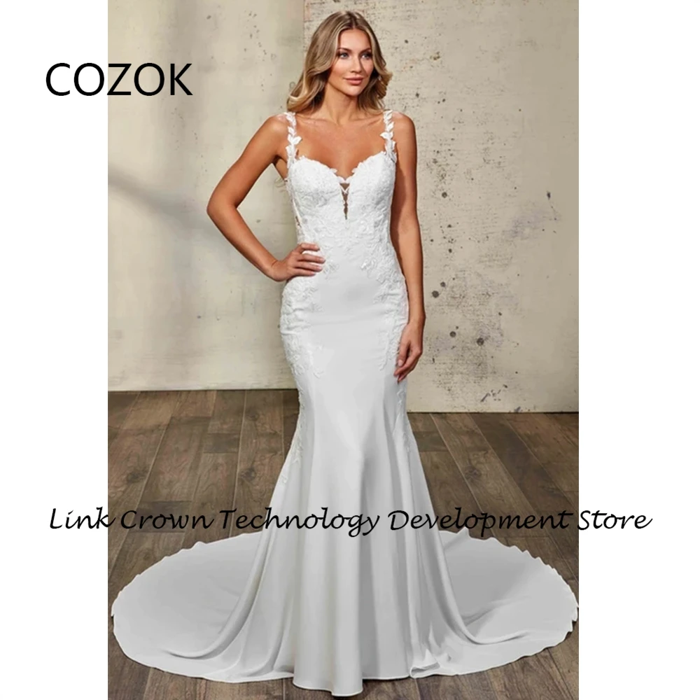 COZOK abiti da sposa con spalline sottili con abiti da sposa senza maniche a sirena in pizzo 2024 Summer Court Train Jersey Vestidos De