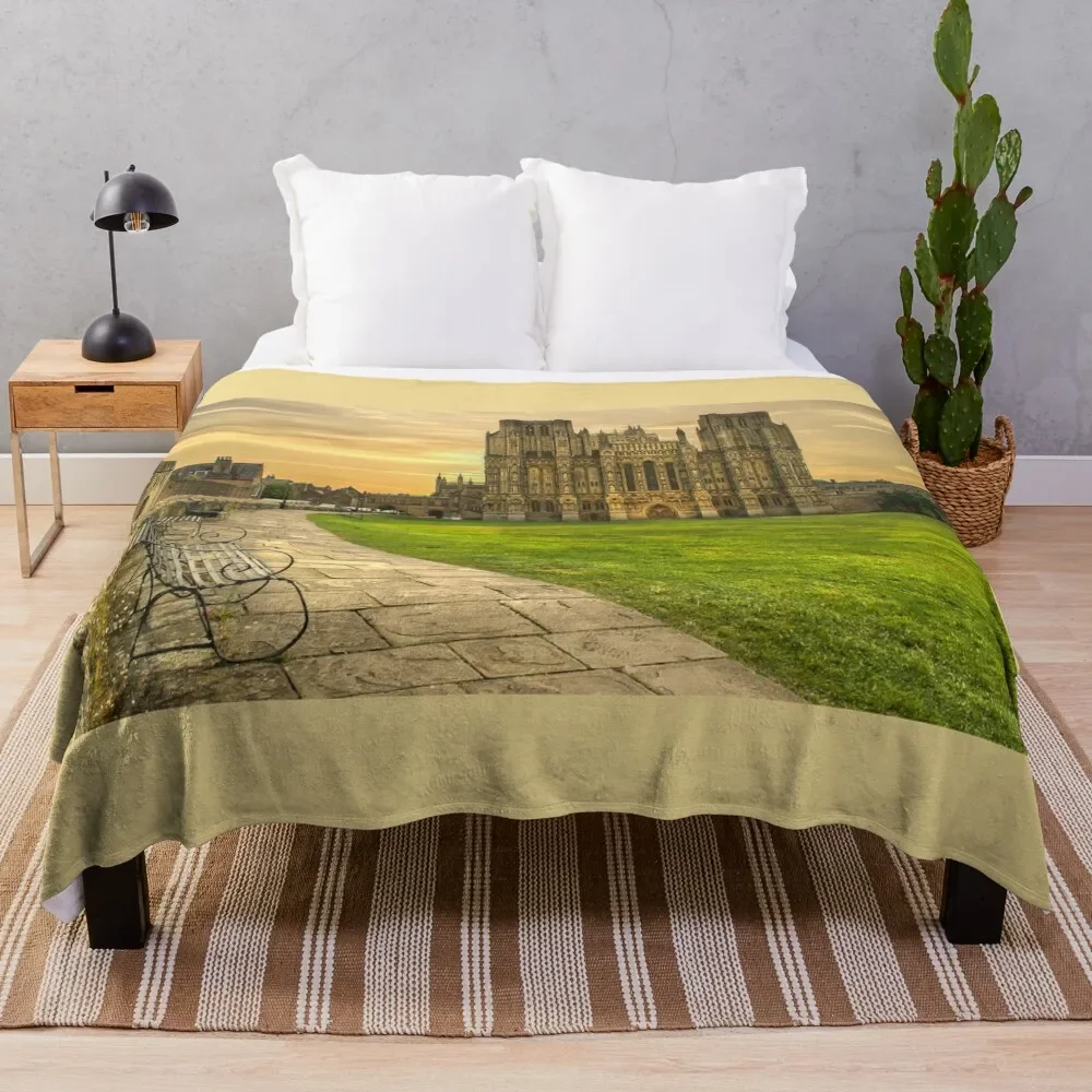 Wells Cathedral at Sundown Throw Blanket Bed Luxury Designer Blankets