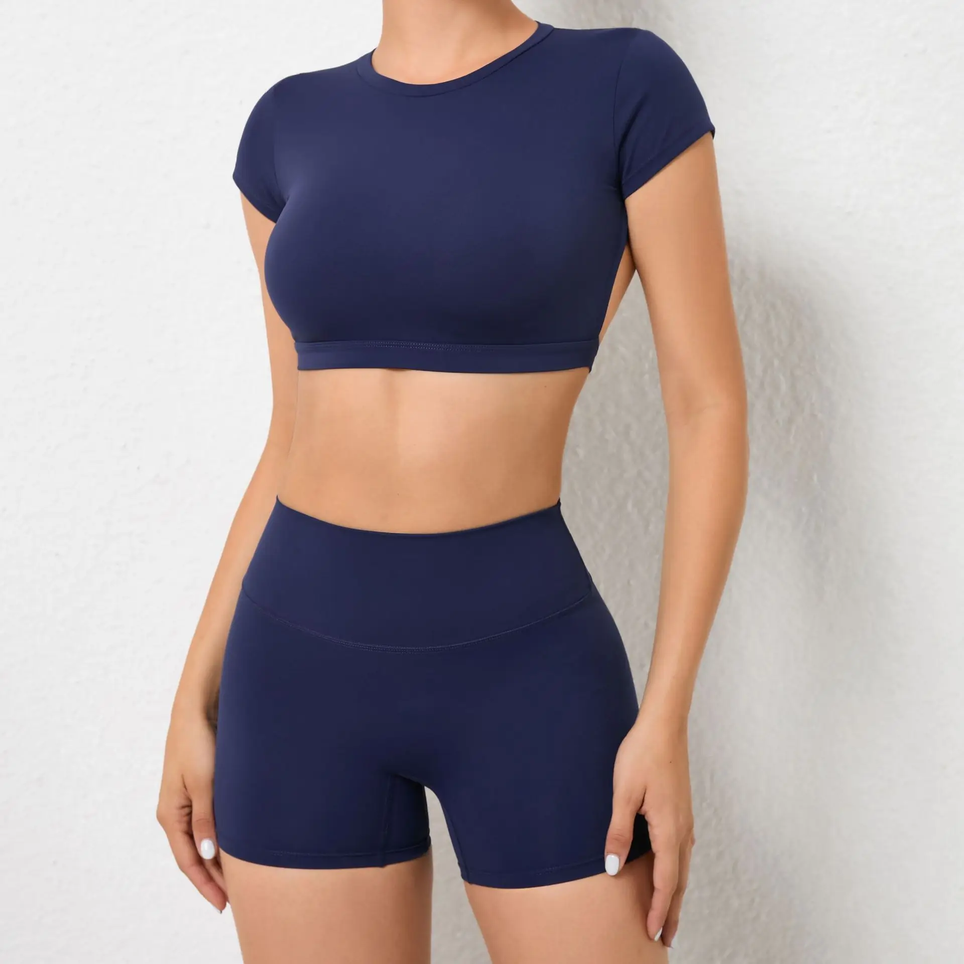 2 Pieces Sports Suit Gym Outfit Set Women Sexy Beauty Back Short Sleeve Crop Top Fitness Shorts Push Up Yoga Clothes Workout Set image 2