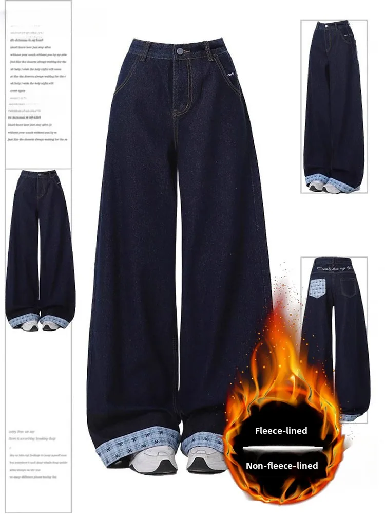 

Большие размеры, американские джинсы в клетку, на подкладке, с высокой талией, широкие брюки прямого кроя, женские осенне-зимние брюки