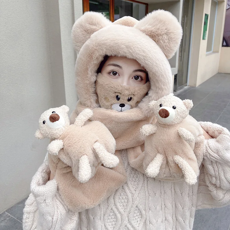 Winter Hat Female Scarf Gloves Cute Bear Hat Girl Students Warm-Keeping Scarf Plush Three-Piece Set Scarves Glove Sweet Muffler