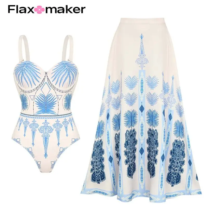 FLAXMAKER Ethnic Printed One Piece Swimsuit and Skirt Women Swimwear Bodysuit Dress