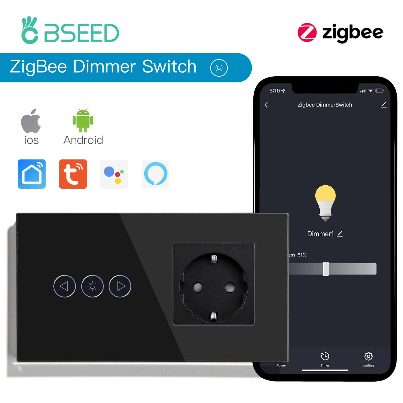 BSEED Zigbee dimmeren Tuya APP-bediening Smart LED dimbaar serie glas Google Alexa Smart Dimmer Touch-schakelaars Zwart