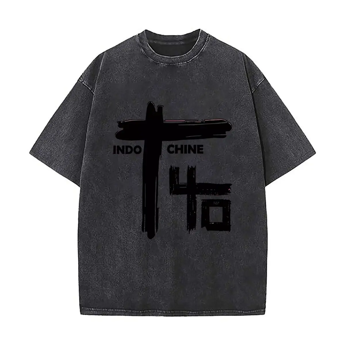 Indo Chine Edgy Cultural Text Art with Cross Vintage Distressed Washed Cotton Short Sleeve Streetwear Outfit