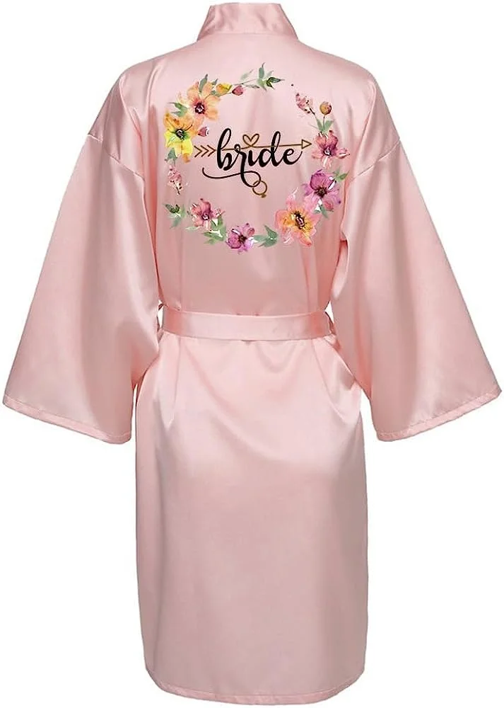 Women Silk Satin Short Night Printing Robe Kimono Robe Fashion Bath Robe Sexy Bathrobe Femme Wedding Bride Bridesmaid