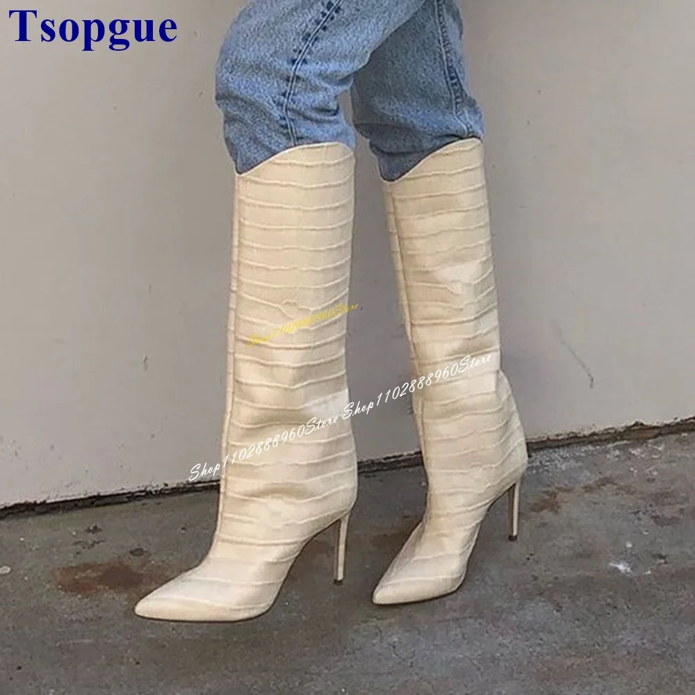 

Trending Knee High Casual Beige Crocodile Boots Thin High Heel Women Shoes Slip On Pointed Toe 2024 Fashion Zapatos Para Mujere