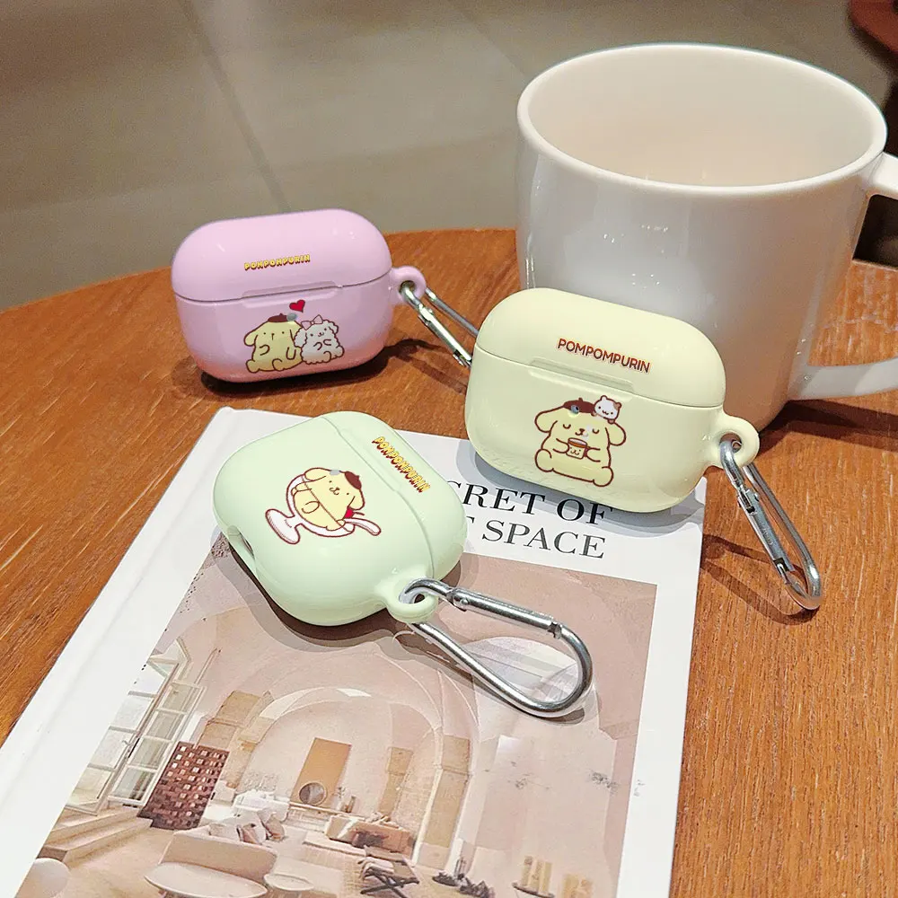 Cute Sanrio PomPomPurin Shockproof Protective Glossy HD Hard PC Earphone Cover Case For AirPods 1 2 3 Pro Pro2 with Metal Hook