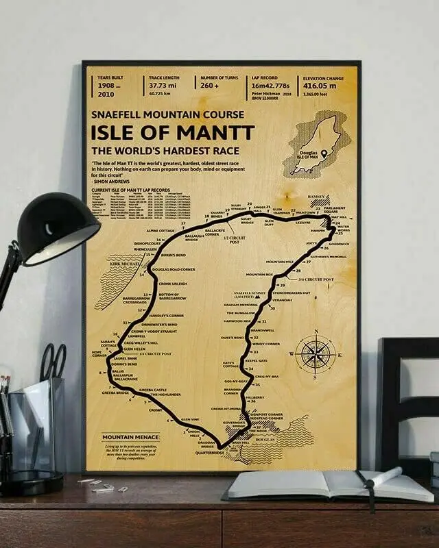 Letrero de metal vintage del circuito de Snaefell Mountain del Isle Of Man TT, mapa retro de pista de carreras de motocicletas, arte de pared de metal, placa decorativa rústica