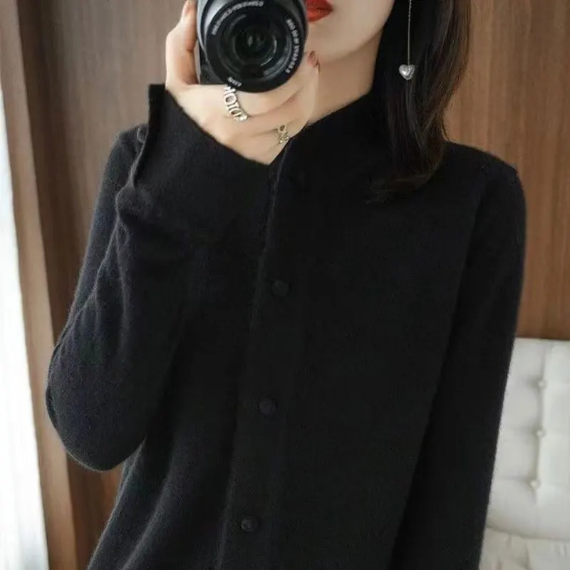 Casual Women's Solid Color All-match Sweaters Autumn Winter Fashion Stand Collar Single-breasted Screw Thread Knitted Cardigan