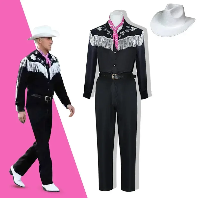 

Movie Ryan Gosling Ken Cosplay Costume Retro Black Embroidery Tassels Shirt Men Stage Performance Halloween Party Clothes