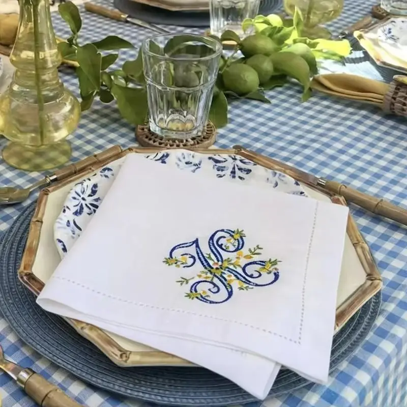 New Arrival 100% Pure Linen Lemon Embroidered Monogram Napkin, 42x42cm (16.5 X 16.5') Decorative Napkin, Wedding, Gift, Family