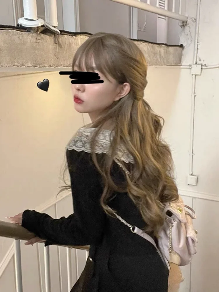 Y2k Aesthetic Lolita Lace O-Neck Womens Cardigan Long Sleeve Crop Tops Korean Style Bow Patchwork Autumn Knitted