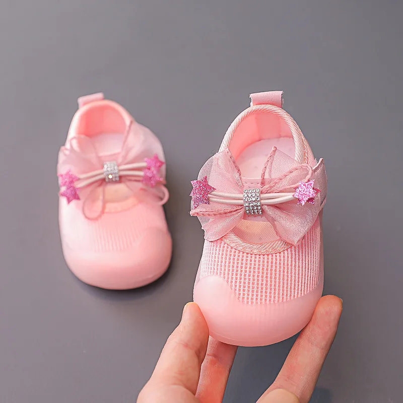 Chaussures de princesse avec nœud papillon pour bébé fille, chaussures anti-coup de pied pour tout-petits, chaussures monocouches, chaussures respirantes, chaussures d'astronomie douces, mignon, printemps, nouveau