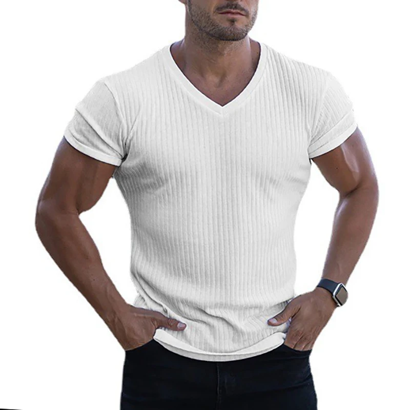 Mens V Neck Short Sleeve T Shirt Fitness Slim Fit Sports T-shirt Solid Fashion Strips Tees Tops Summer Knitted Gym Clothing