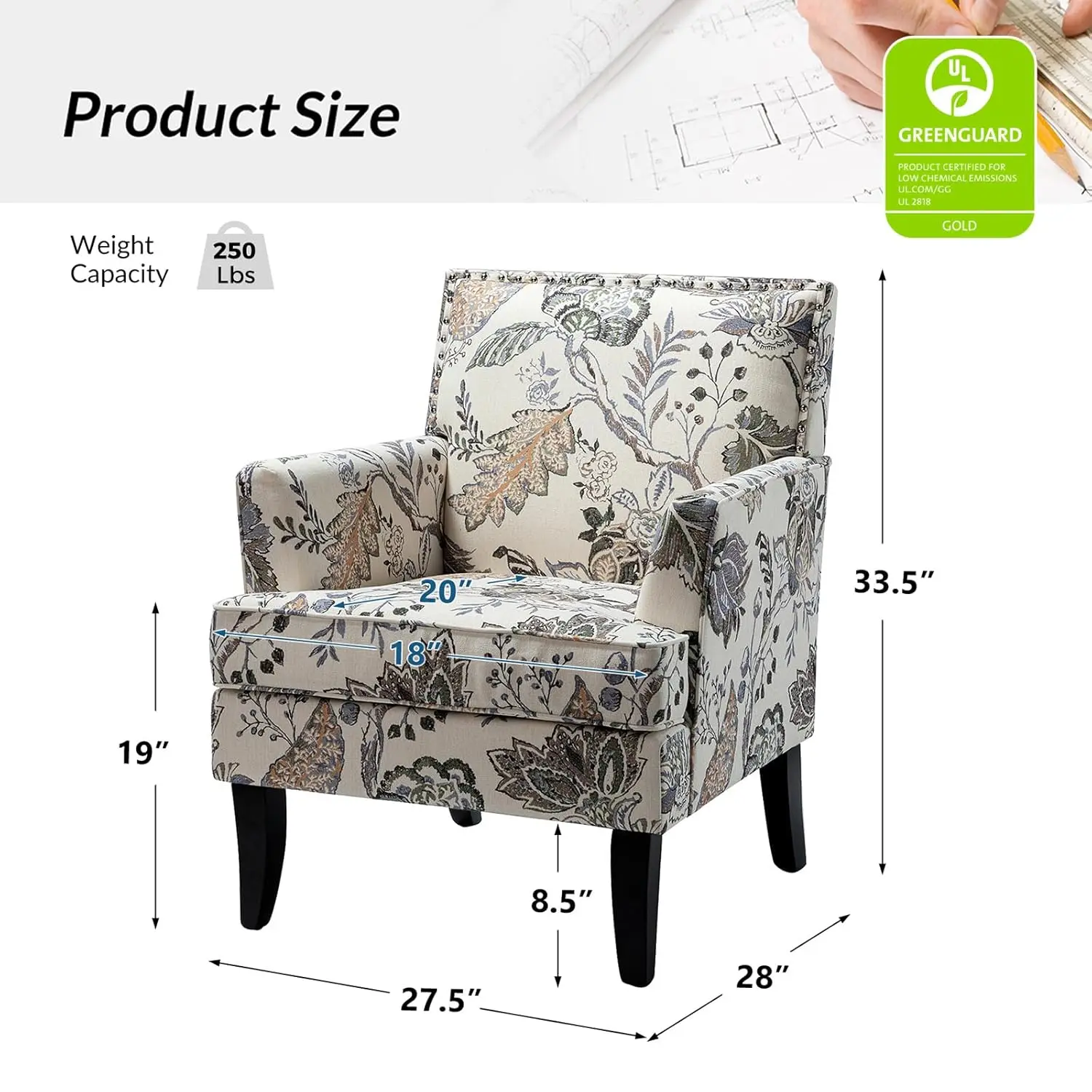 Printed Armchair Floral Upholstered Sofa Chair Solid Wood Legs Padded Cushion Rivet Design Living Room Bedroom, Customized