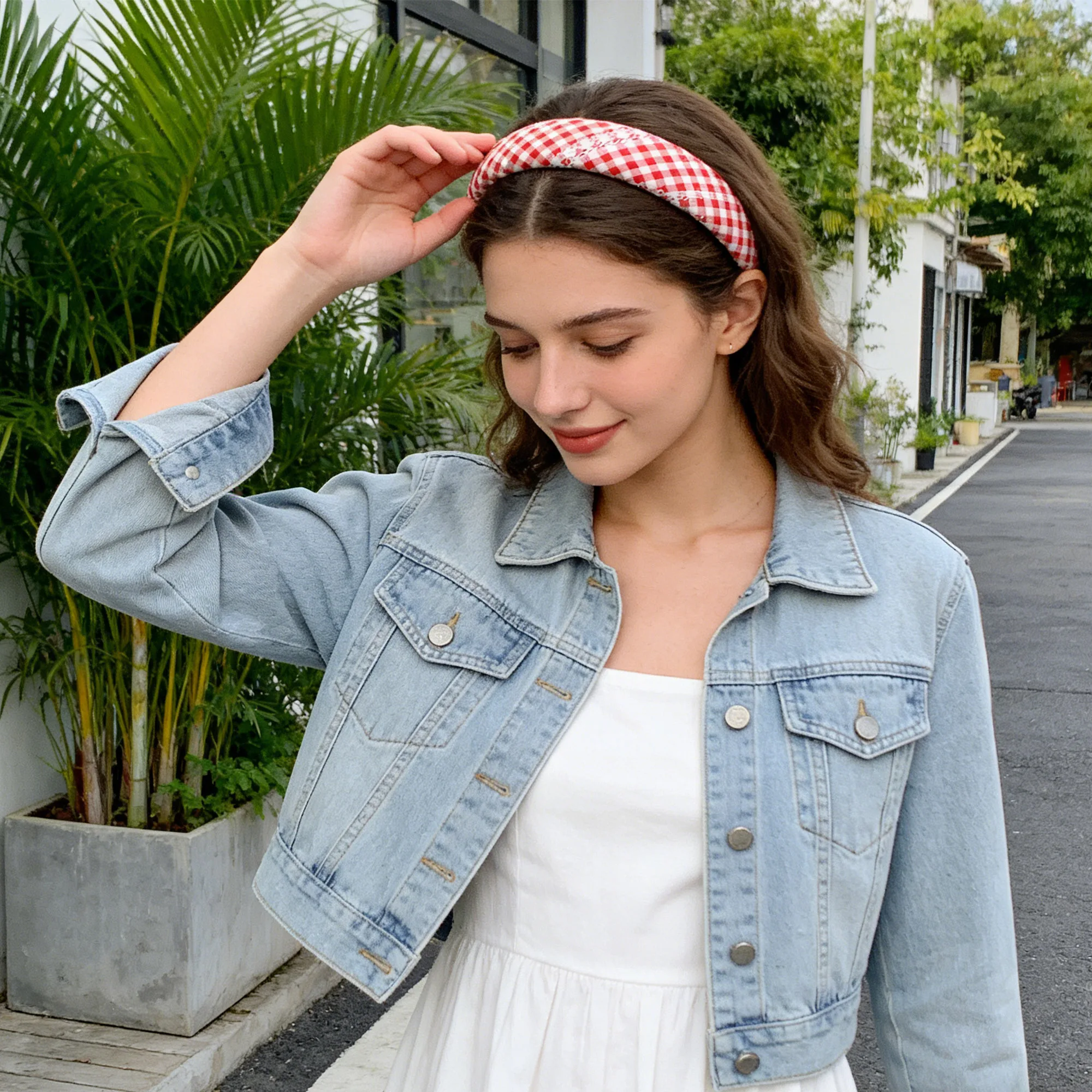 1Pc Red White Plaid Sponge Headband for Women, Artistic Plaid High Crown Daily Commuting Casual Headband Hair Clip,1Yc80100