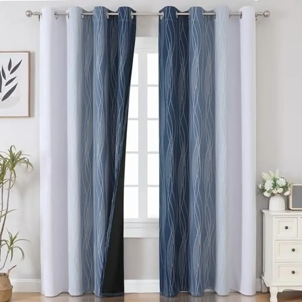 Navy Blue Greyish White 100% Blackout Curtains 108