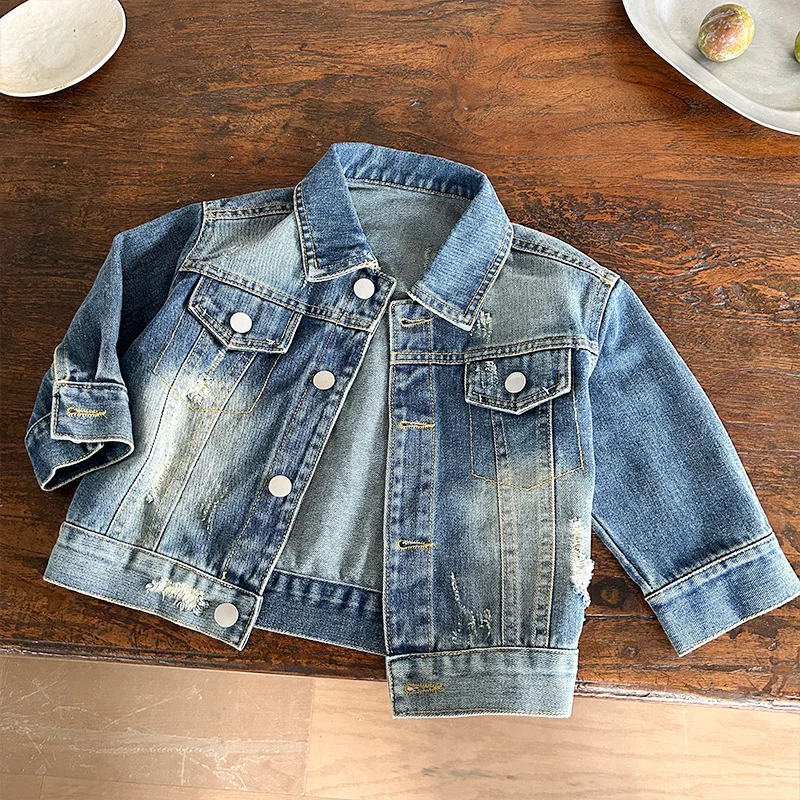 Boys Blue Denim Jackets Korean Kids Spring Retro Ripped Hole Loose Jean Coats Baby Girls Outerwear 2-7Years Old 2026