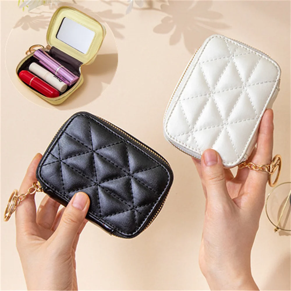 

Lipstick Bag Genuine Leather Makeup Case Mini Purse Organizer Women Cosmetic Bag Mirror Lipstick Pocket Coin Wallet 2024 New