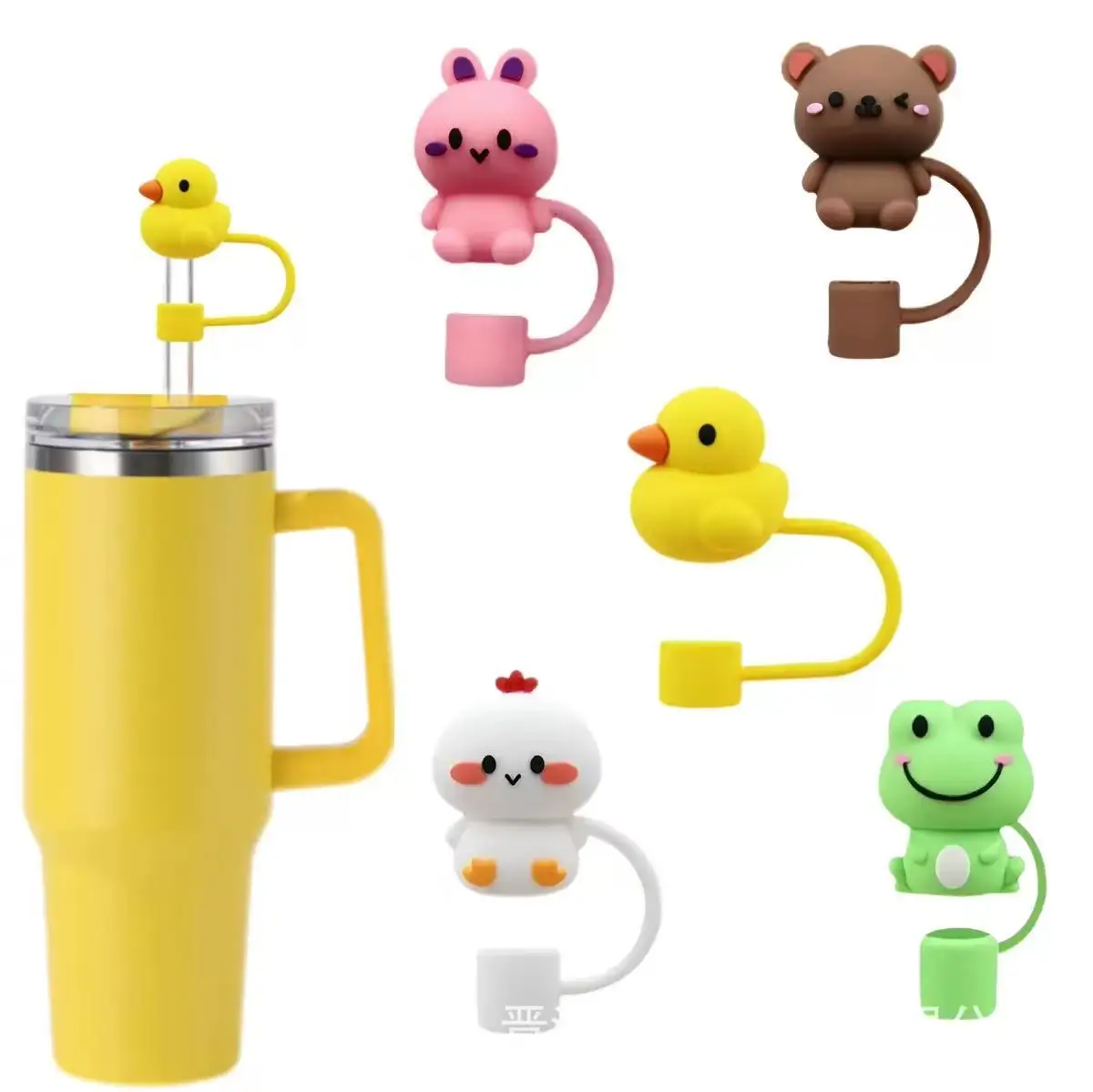 Stroh-Abdeckkappe für Stanley Cup, wiederverwendbar, 10 mm, niedlicher Silikon-Strohhalm-Topper, 40-Unzen-Becher mit Griff, Tipps, Deckel, 5 Stück, Tierform