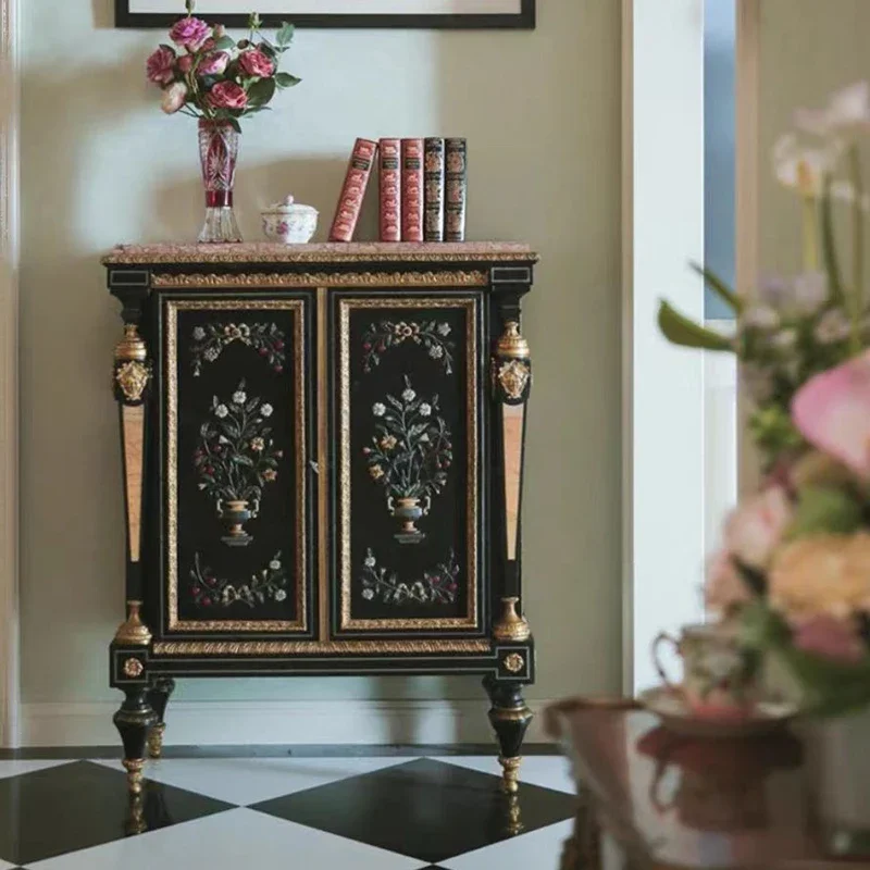 

French neoclassical painted side cabinet colorful retro storage decorative cabinet solid wood carving flower high-end