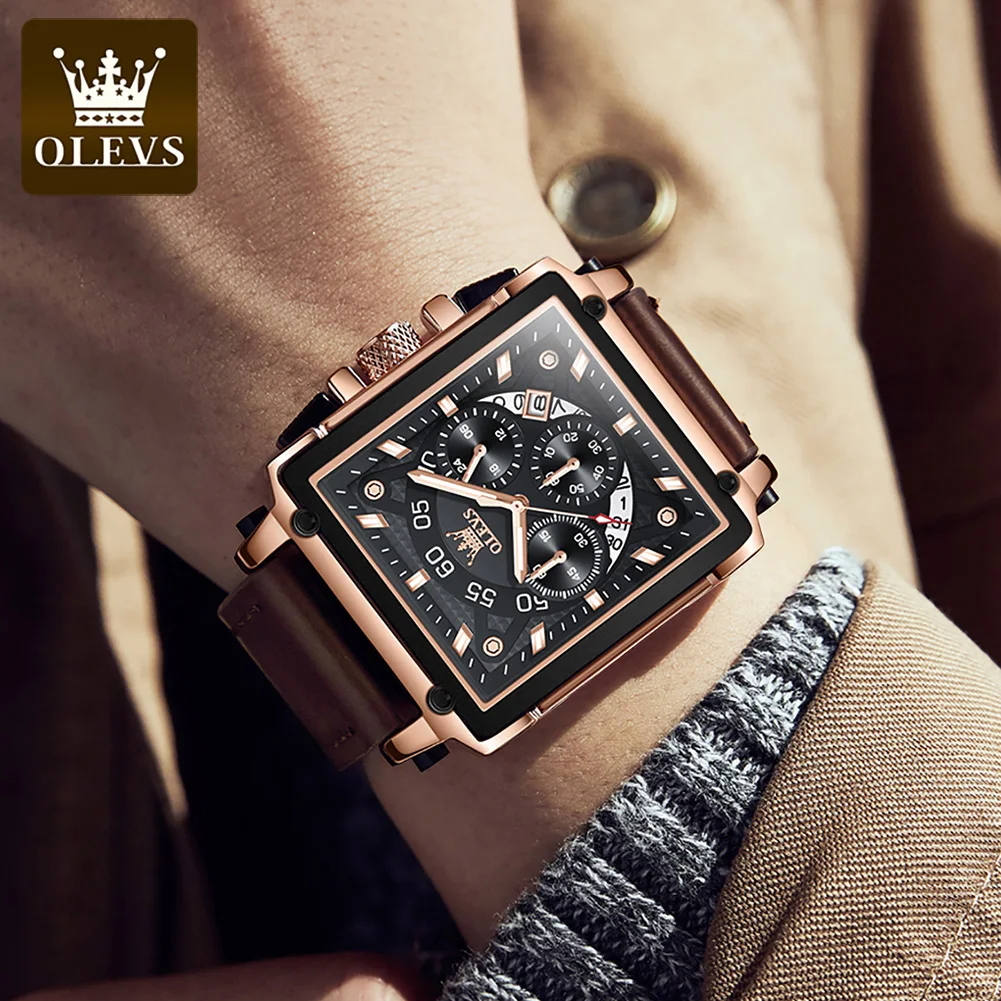 OLEVS 9919 Original Quartz Watch for Men Leather Strap Big Dial Square Waterproof Chronograph Sport Clock Male Relogio Masculino