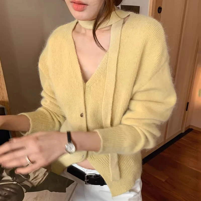

Chic Autumn Winter Soft V-ne Single Button Knitted Cardigan Sweater Ne Hanging Sa Versatile Long Sve Color Coat
