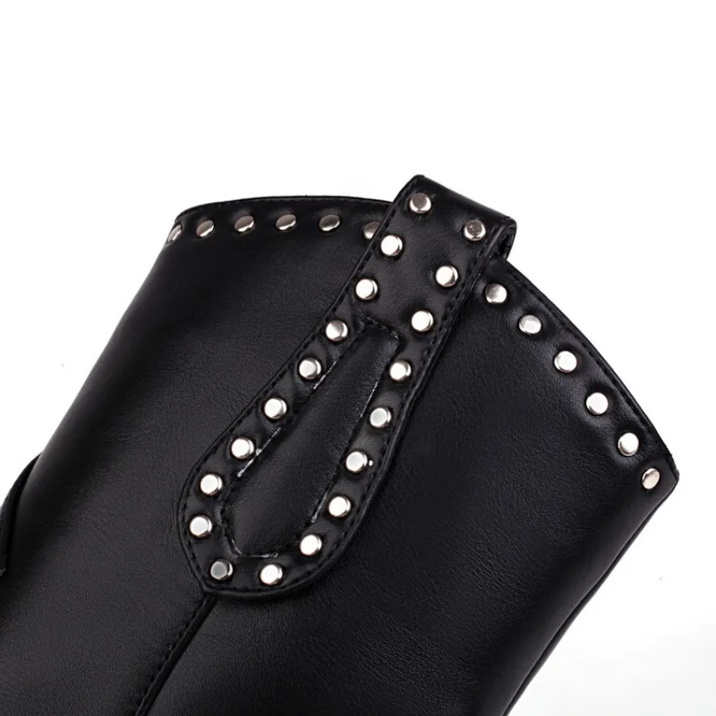 Brand Rhinestone/Rivet Color Blocking Western Short Boots Autumn Winter New 8cm Thick Heel Black Chelsea Women Boots Size 34-43