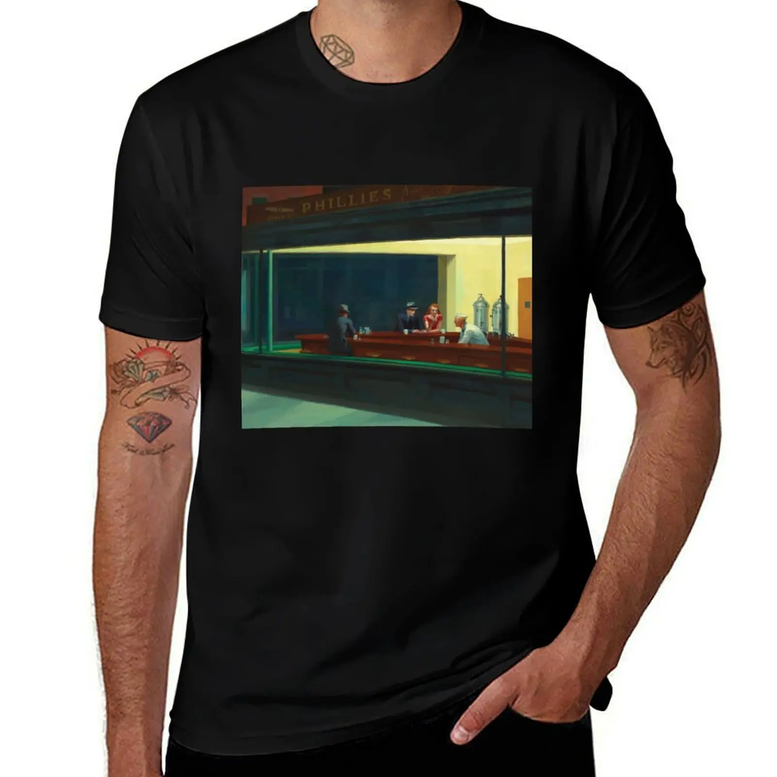 

Nighthawks, Edward Hopper, Night Owl, Classic Painting T-Shirt Simple Casual Short Sleeve Cotton T-Shirt