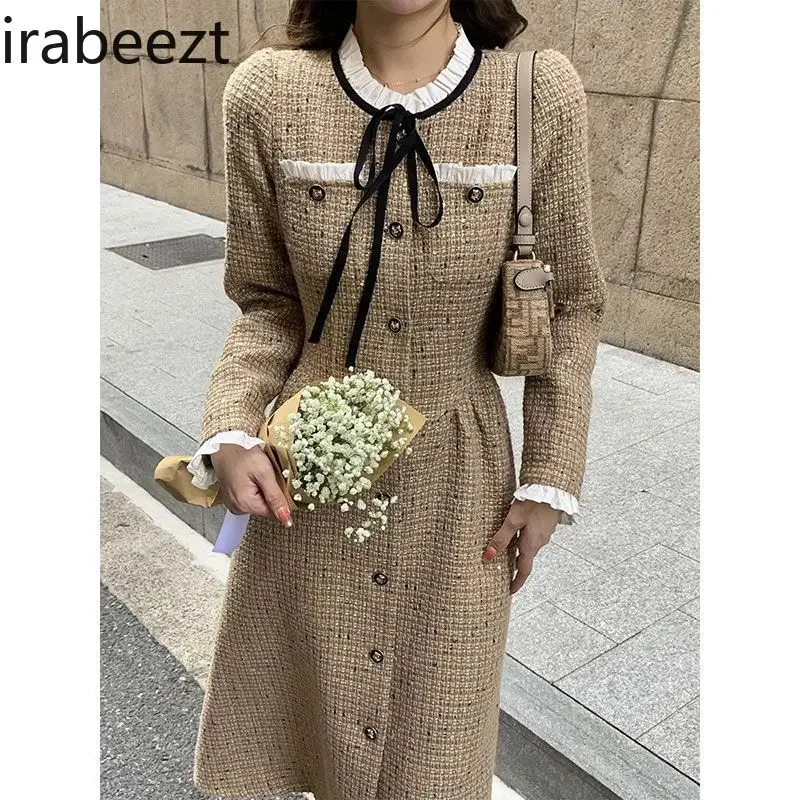 Women Autumn Winter 2024 New Thick Winter Coarse Woolen Slim-fit Long Sleeve Robe Regulai Fit Tweed Thick Fashion Dress