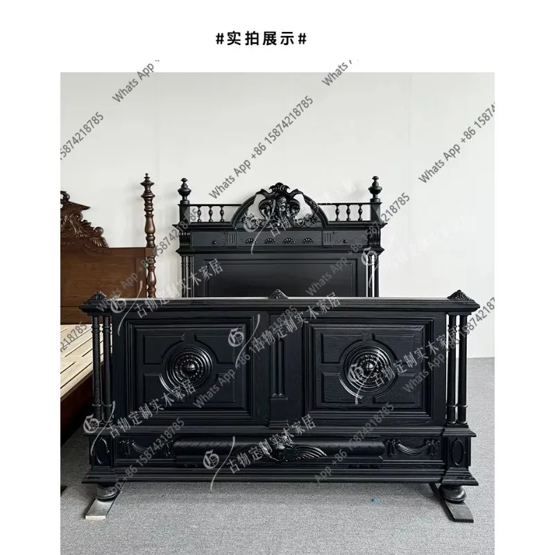Retro Solid Wood Carving Flower Bed/log Color Double Bed/classical High Back Neoclassical Bed/can Be Customized X