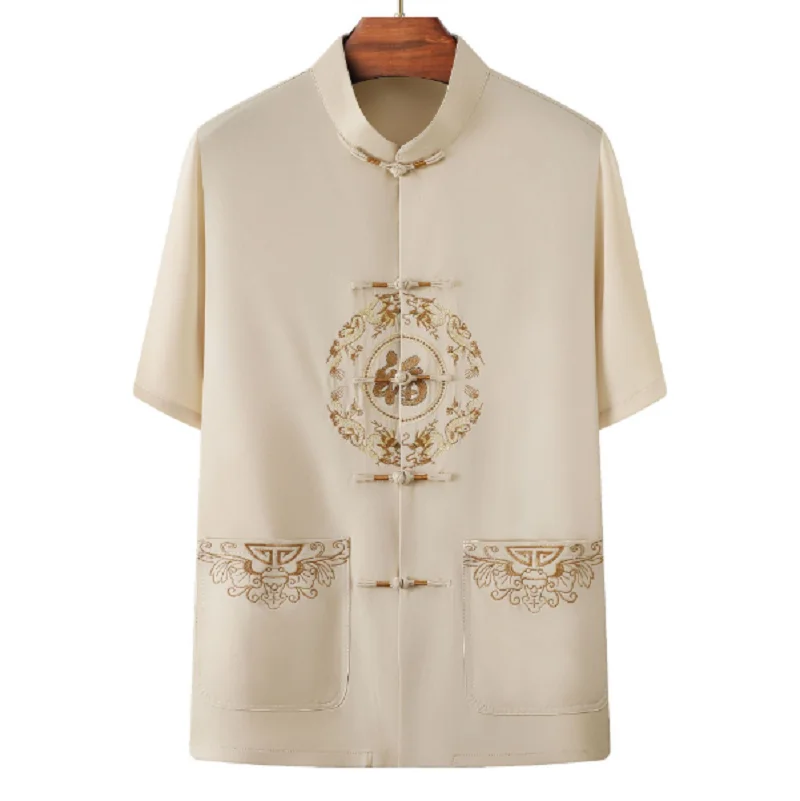 

2026 New Chinese Style Men Women's Satin Tang Suit Embroidered Flowers Short Sleeve Coat Birthday Party Jackets Size M-3XL