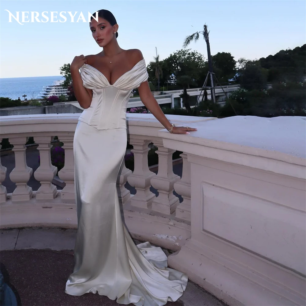 

Nersesyan Luxury Mermaid Wedding Dresses Pleats Off Shoulder Satin Bride Dress Bridal Guest Party Gowns שמלות כלה Customized