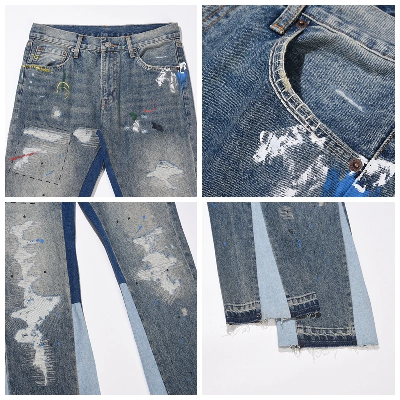 Blue Speckle ink Washed Destroyed Flared Jean Pants Hip Hop Graffiti Ripped Denim Jeans for Men Streetwear Vintage Wide Jeans images - 6