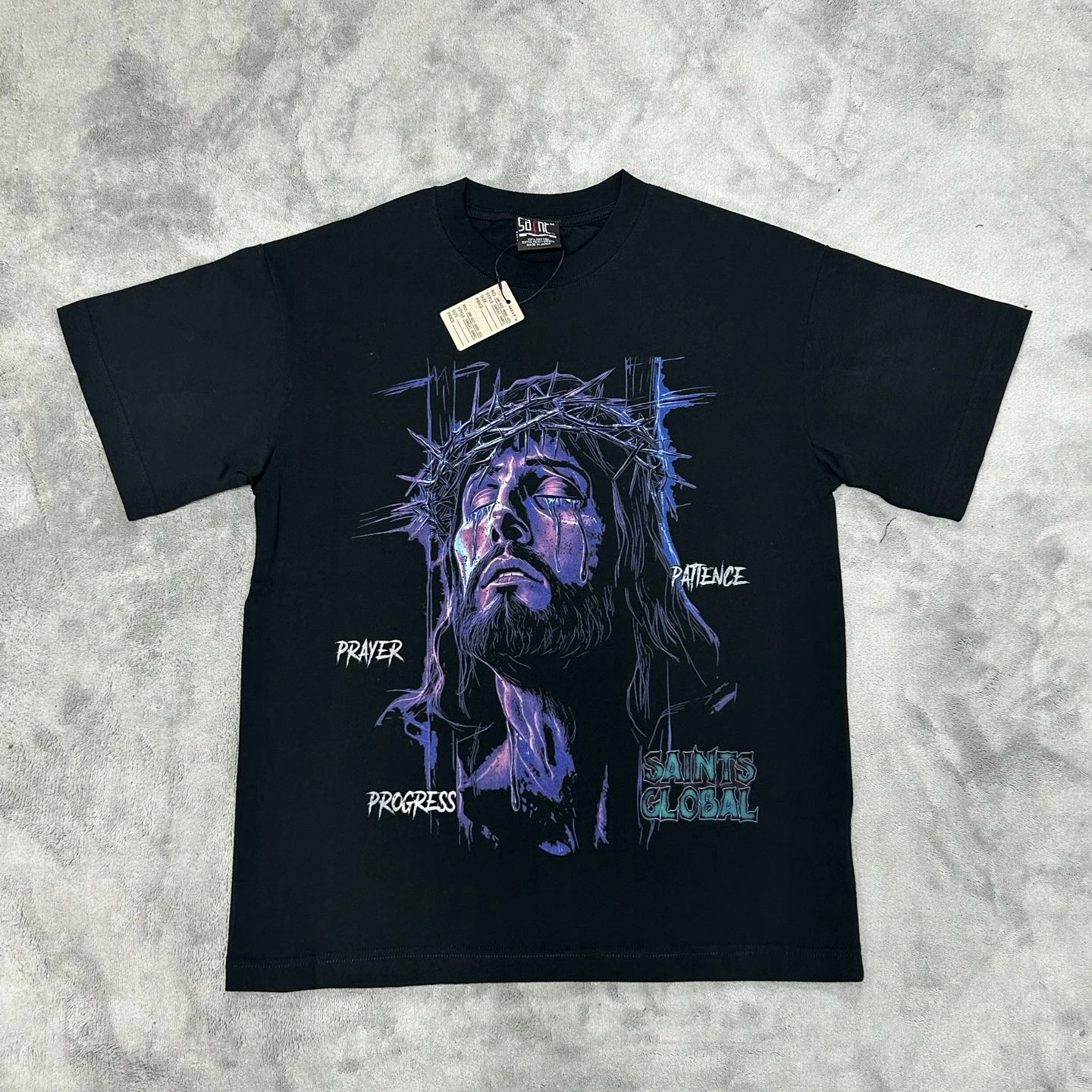 Black SAINT GLOBAL PATIENCE PRAYER PROGRESS T Shirt For Men Women Heavy Fabric Tee Tops T-Shirt