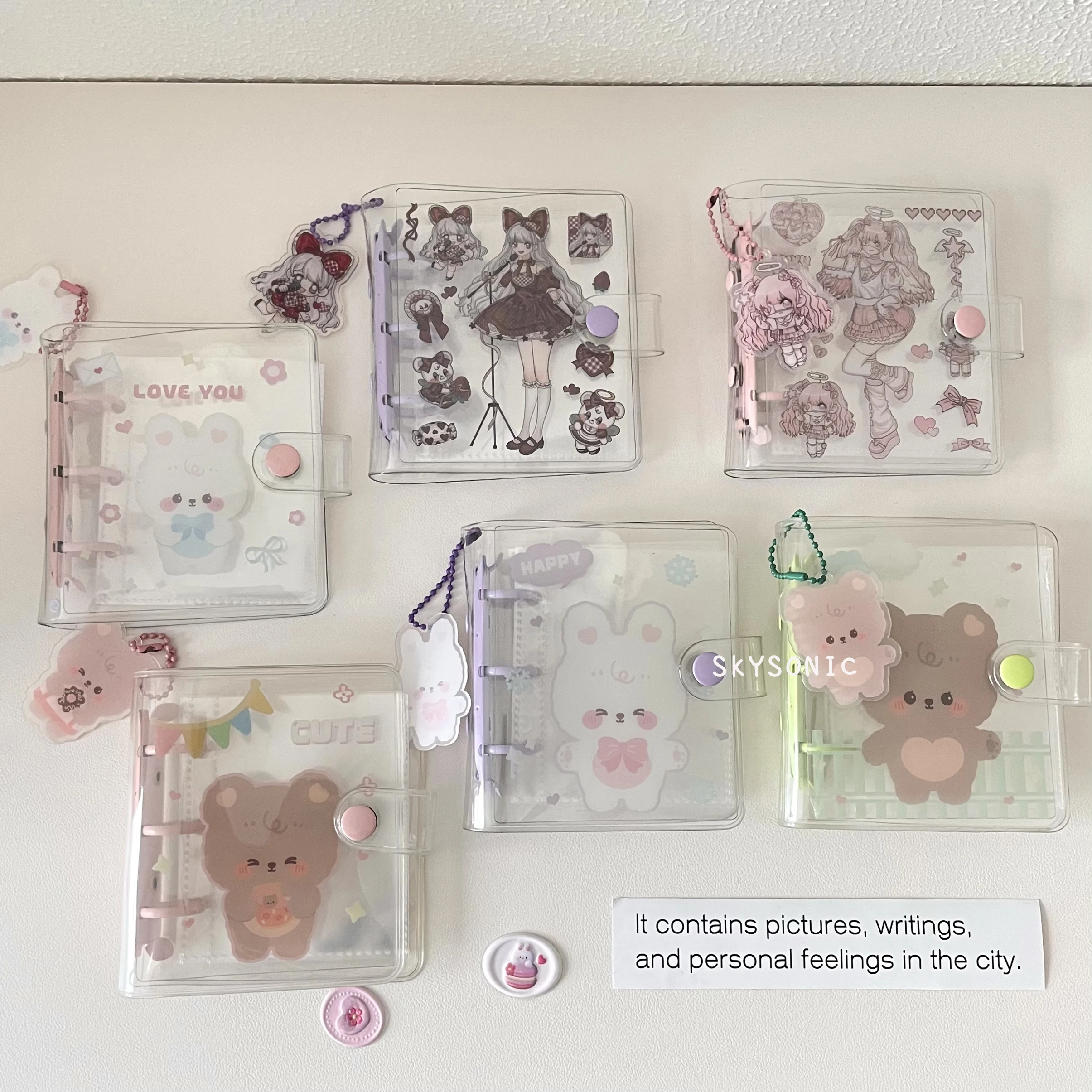 SKYSONIC Full Set Binder Photo Albums 20pcs Refill Bags 2 Pockets Ring Notebook Planner Kawaii Bear Rabbit Mini Collect Book