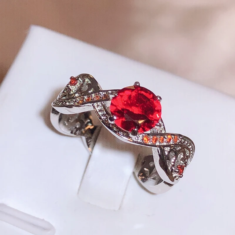 Đầm Đỏ Pha Lê Nhẫn Đính Đá Zircon Màu Bạc Nhẫn Cưới Rỗng Trang Sức Nữ Bé Gái Tặng Thả Vận Chuyển Mới