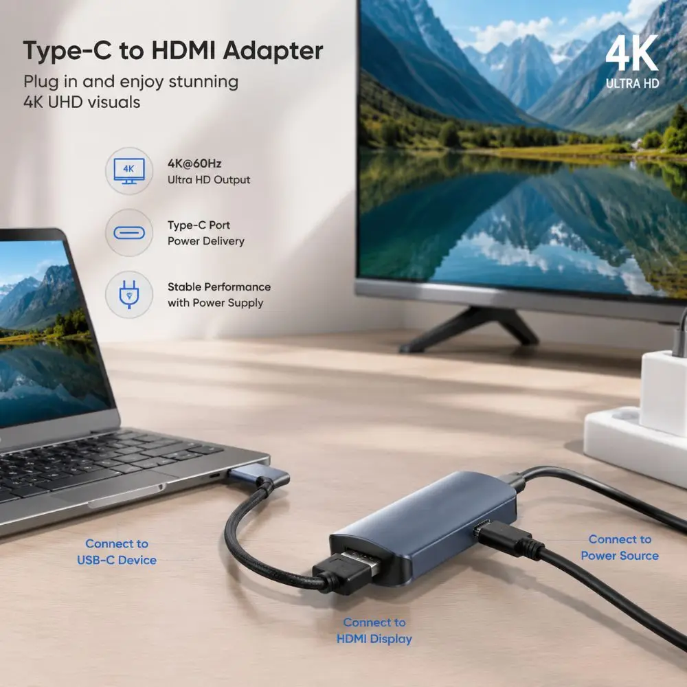 Portable 4K60HZ HDMI to Type C Converter High Speed Plug and Play Type C Converter Universal USB C to HDMI Laptop