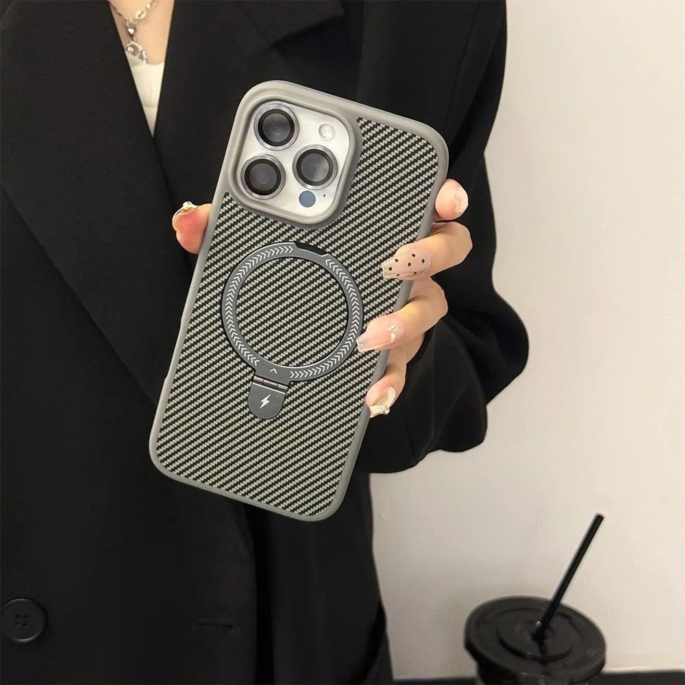 Shockproof Carbon Fiber Partten Magnetic Case for Apple iPhone 18 17 16 15 14 13 12 Pro Max 11 Built-in Rotating Ring Holder