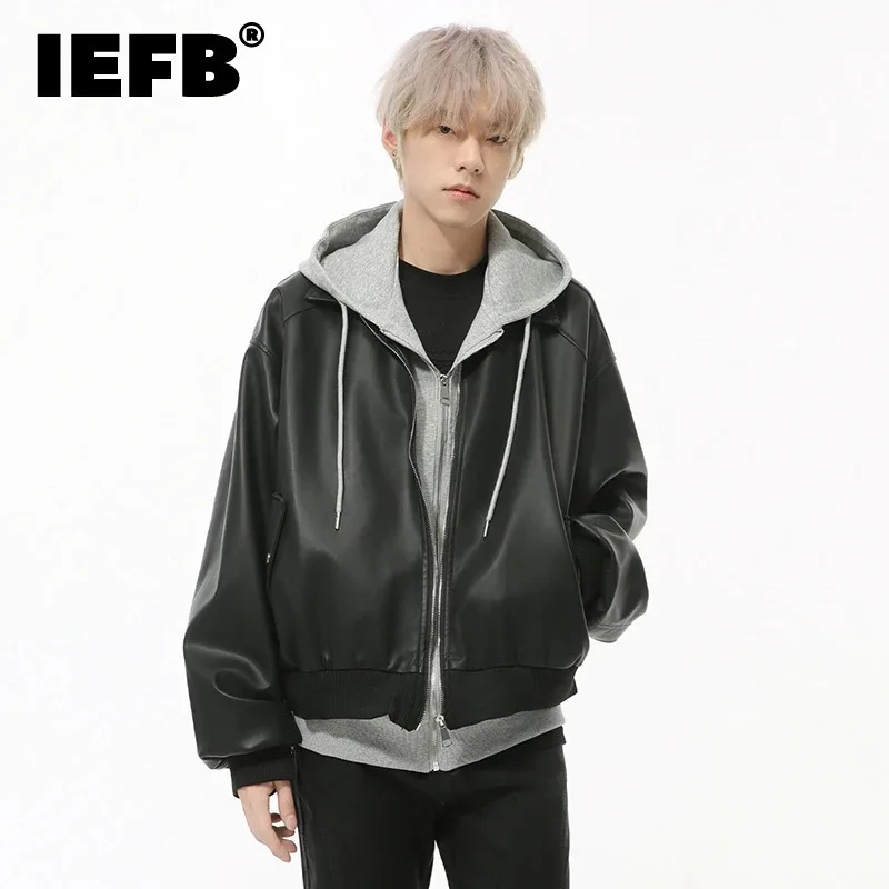 IEFB Niche Design Men's PU Leather Jackets Fake Two-piece Drawstring Hooded Casual Streetwear Contrast Color Male Coats 9C9295