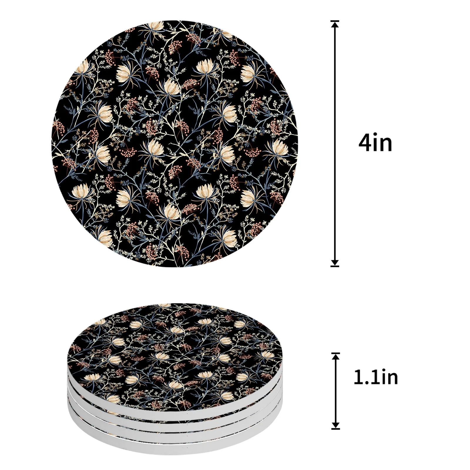 Vintage Flower Snowdrop Plant Black Ceramic Coaster Set Kitchen Table Round Placemat Luxury Decor Coffee Tea Cup Coasters