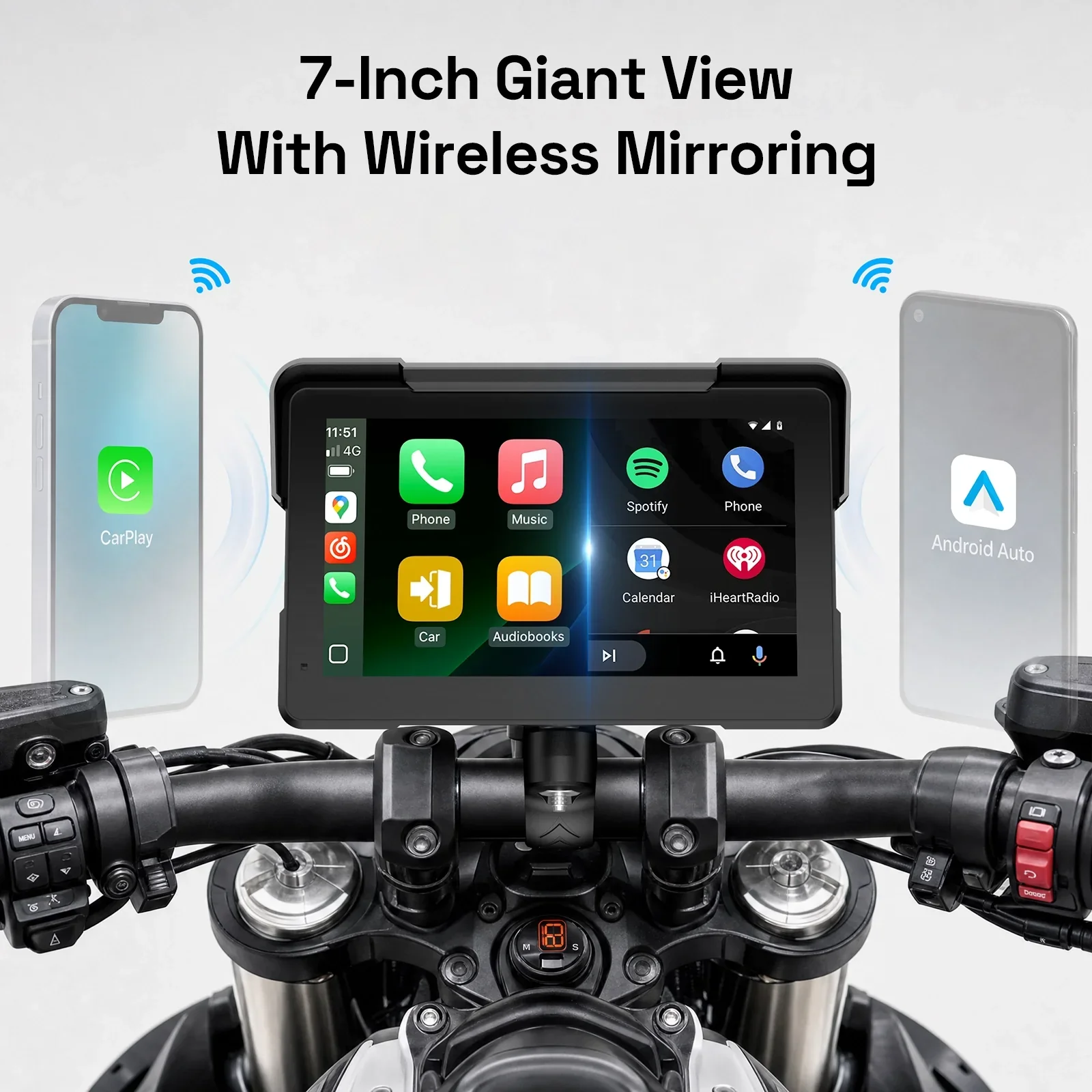 Aoocci C7 7in Motorcycle Carplay with TPMS,Wireless GPS Navigation System CarPlay & Android Auto,Dual Bluetooth IP67 Waterproof