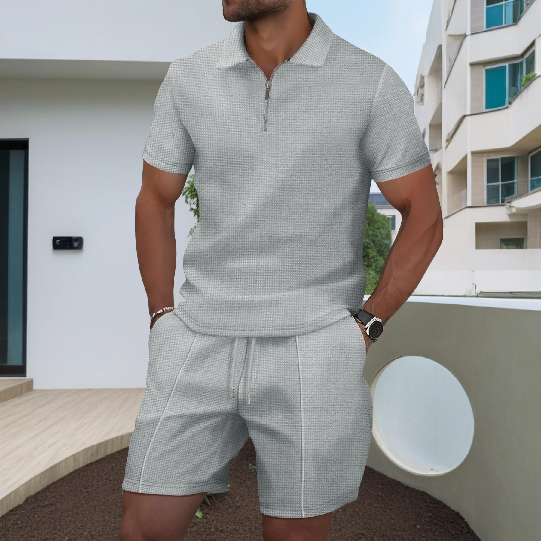 Camiseta de manga corta ajustada con gofres para hombre, conjunto de pantalones cortos con solapa y cremallera, color sólido, ocio, deportes al aire libre, novedad de verano