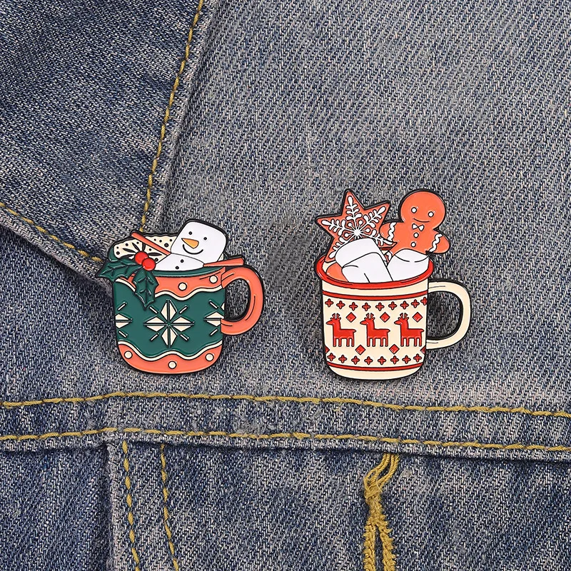 Christmas Themed Cup Shaped Brooch Snowman Pentagram Element Cute Holiday Style Clothing Accessories Badge Pins for Backpacks