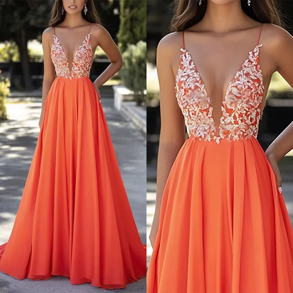 

Высококачественные индивидуальные длинные платья без рукавов с тонкими бретелями и аппликациями, оранжевые, для свадебных гостей