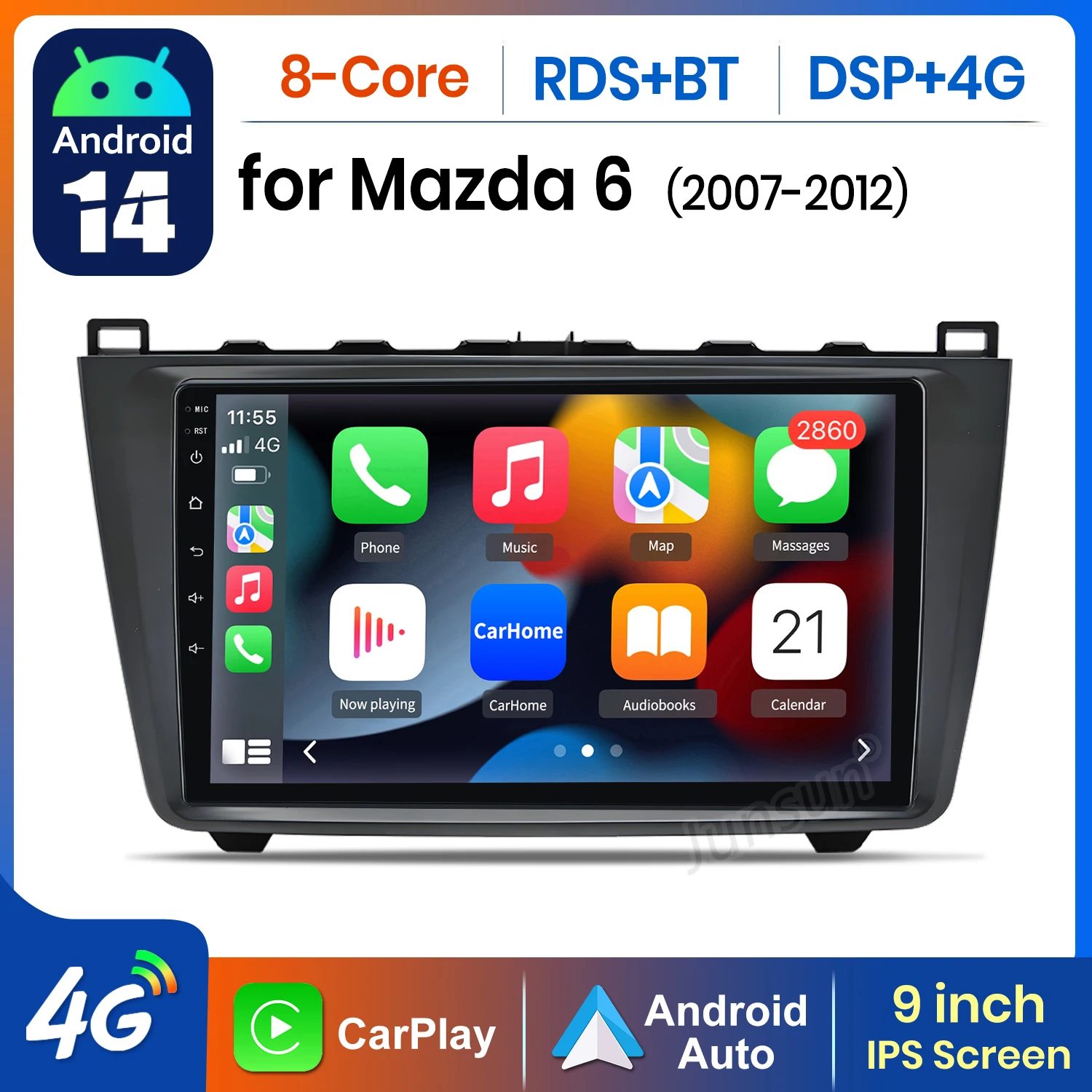 AWESAFE AI 4G LTE inalámbrico CarPlay Android Auto Radio para Mazda 6 II GH 2007 2008 2009 2010 2011 2012 GPS Navi BT DSP RDS FM