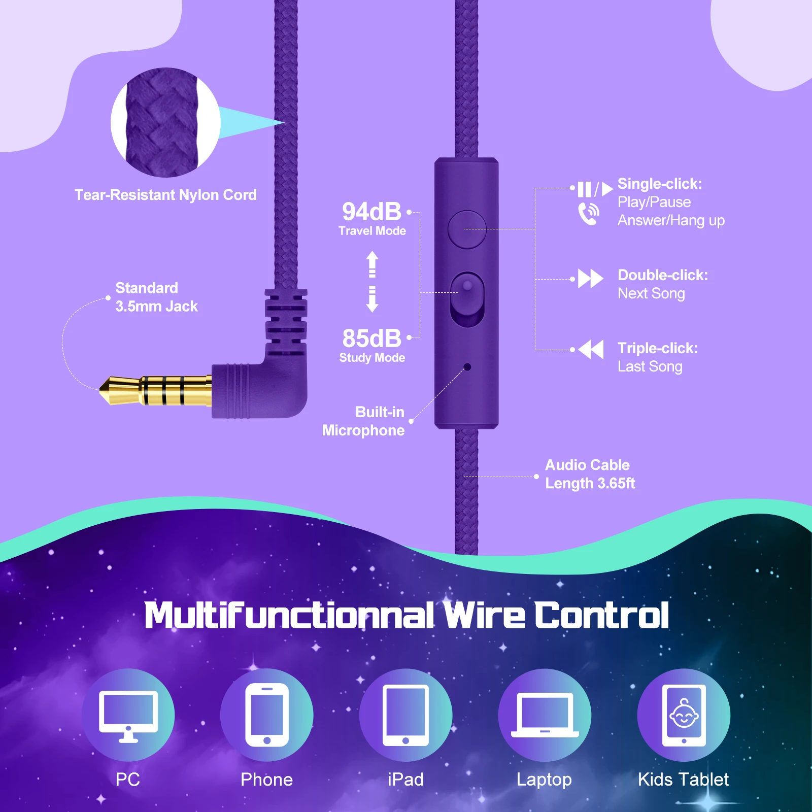 سماعات أطفال سلكية للمدرسة 85/94 ديسيبل محدد حجم سماعة صوت ستيريو قابلة للطي مع ميكروفون للأطفال البنات تعلم الكمبيوتر اللوحي #4